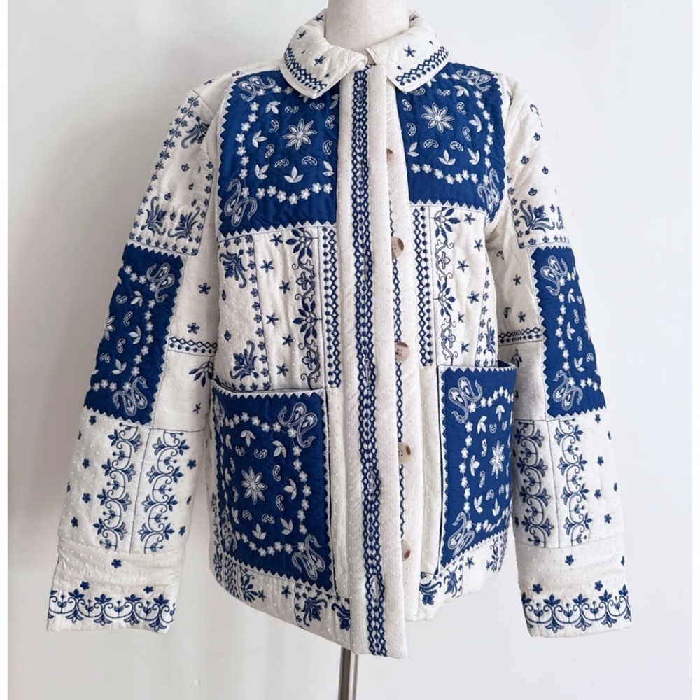 Sezane SMITH JACKET in BLUE ECRU BANDANA Embroidered Women's Jacket - Picture 13 of 13